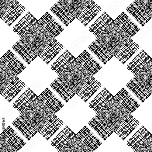 Irregular vector gauze weave effect cross seamless pattern background. Backdrop of black and white coarsely woven band aid shapes with spliced edges.Abstract Hessian fibre texture all over print.