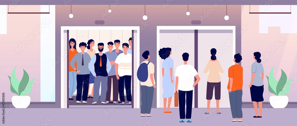 People waiting elevator. Crowd stands, persons front closed lift doors.  Characters in office hall, hotel or mall utter vector illustration Stock  Vector | Adobe Stock