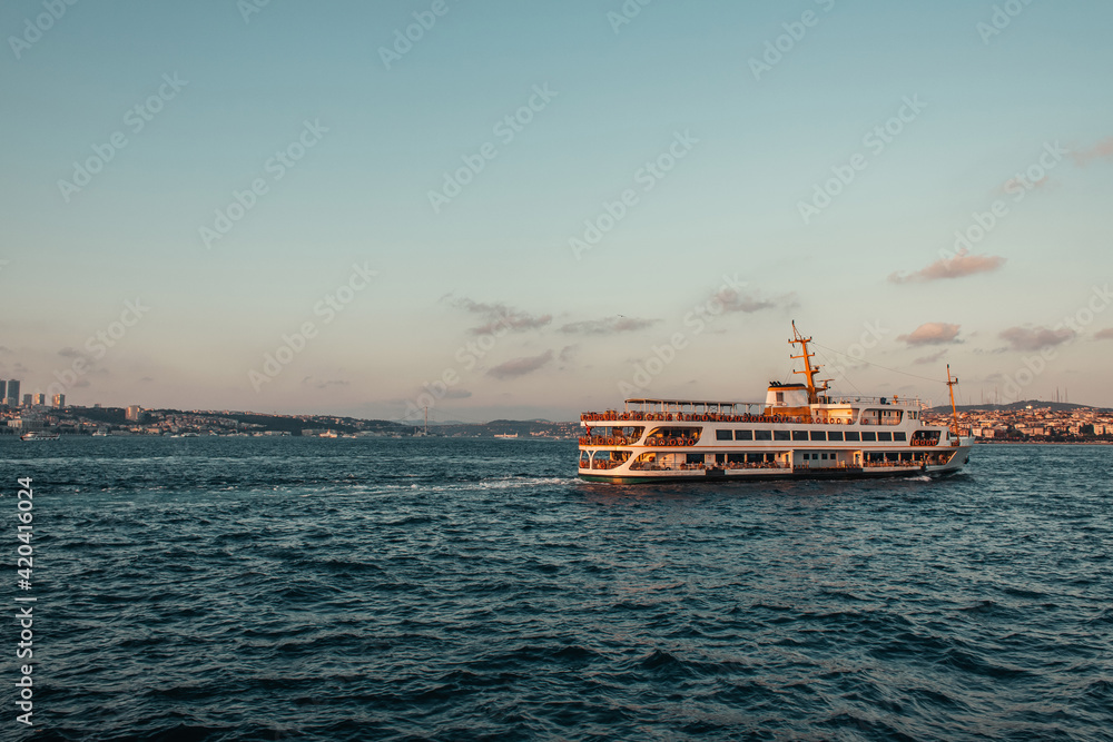 Ship in sea with sky at background during sunset, Istanbul, Turkey
