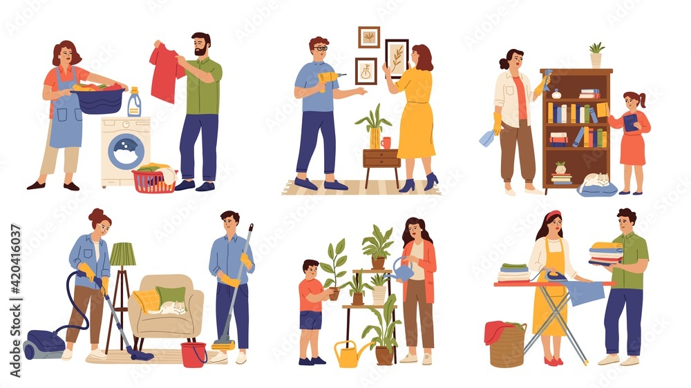 Family clean home. Woman wash clothes, child and parents cleaning house. Household help characters, housework routine swanky vector scenes
