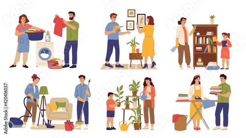 Family clean home. Woman wash clothes, child and parents cleaning house. Household help characters, housework routine swanky vector scenes