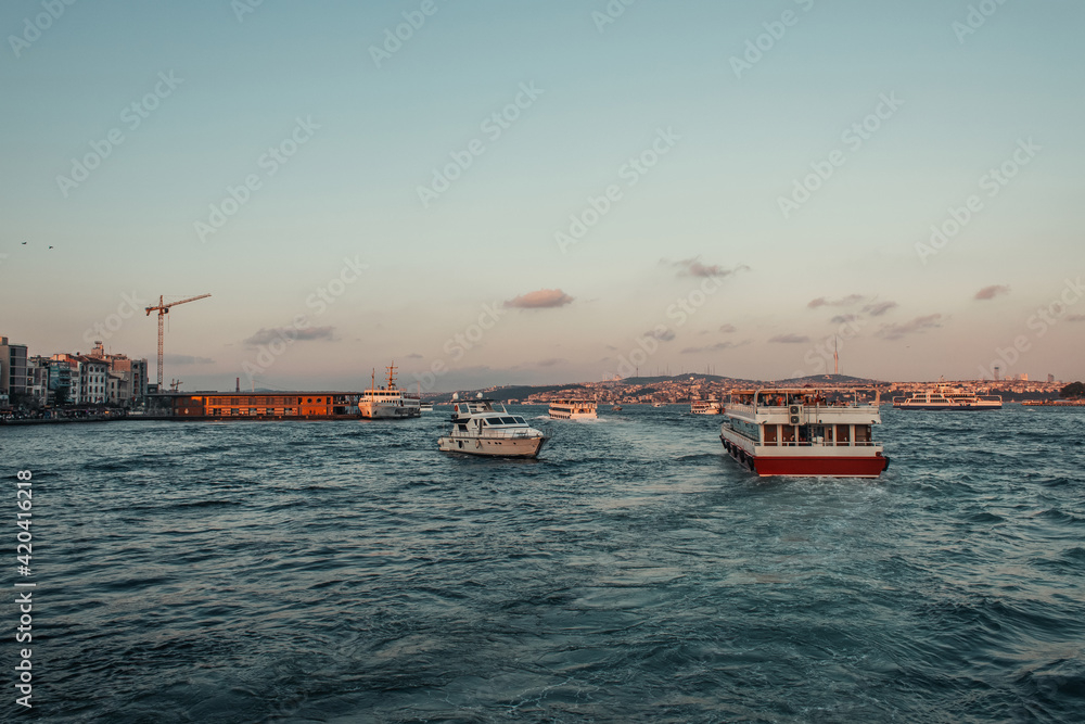 Boats and coast of Istanbul during sunset