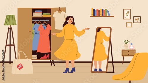 Girl tries dress. Woman shopping, female at home in new clothes. Trendy stylish character look at mirror, living room interior vector illustration