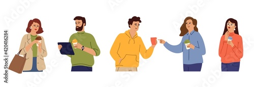 People drink coffee. Happy man woman with cups. Office characters on lunch, girl thinking with take away mug vector set