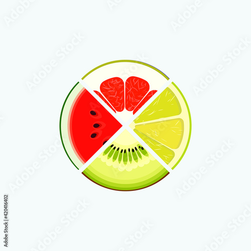 Fruit and berry organic food and juice, round logo. Slice of lime, kiwi, watermelon, grapefruit. Summer and fresh vegetarian product emblem. Healthy vitamin diet, circle logotype design. Vector icon
