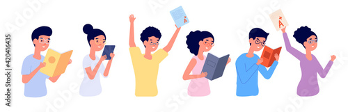 Clever students. Children study, pensive intelligent young guy. Flat kids in glasses reading books, homework doing process utter vector characters