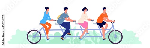 Tandem bicycle. Cartoon team on bike, teamwork or collective relaxing. Students friends ride together, business leadership utter vector concept