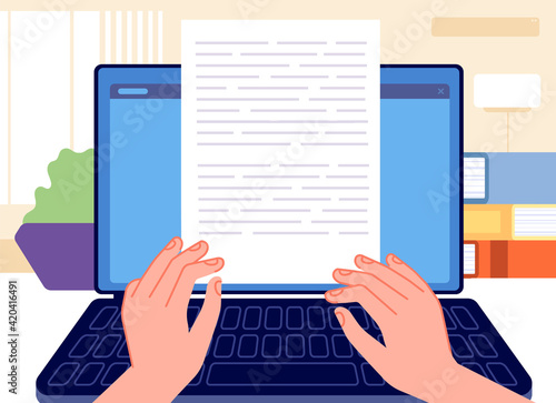 Writer writing. Typed content, journalist write essay on computer or laptop. Editor work, blogging copywriting and storytelling utter vector concept