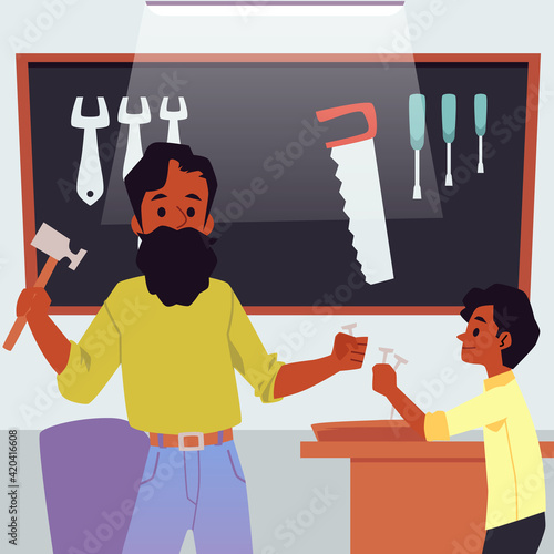 Father teaching his son to do woodwork and carpentry, flat vector illustration.