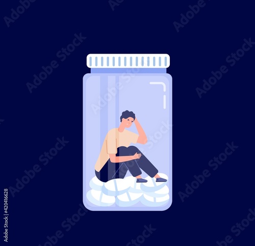 Drug addiction. Addict conceptual design, medication drug bottle. Man has depression, drugged crisis or need painkiller. Guy utter trapped vector metaphor