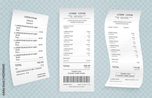 Payment check paper document. Buying financial invoice bill purchasing calculate pay vector isolated