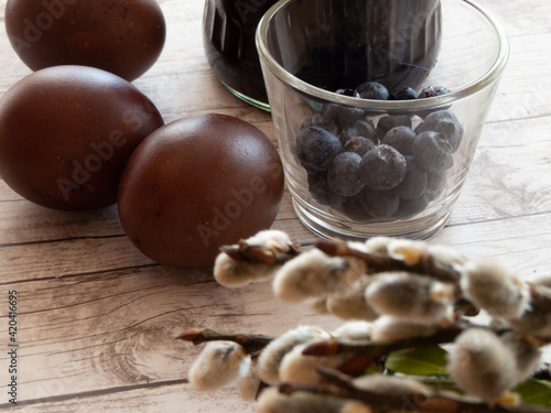 Easter eggs with their natural dye of blueberries