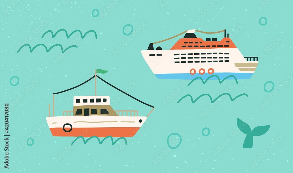 Obraz premium Boats and ships in open sea or ocean. Marine vessels floating in water with waves and bubbles. Childish colored flat vector illustration of touristic liners in Scandinavian style