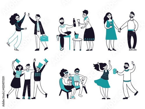 Friends spend time together. Happy friend, people group talking and drink. Event person, isolated laughing young guys on party decent vector set