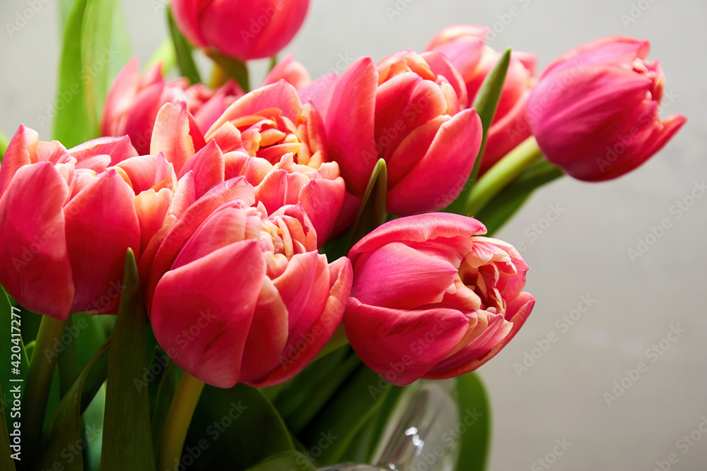 Tender fresh pink and white tulips bouquet in the vase. Colourful flowers and herbs. Women's and mothers day backgrounds