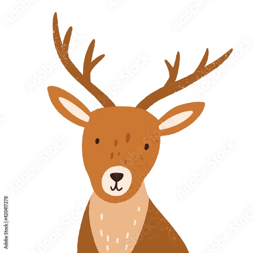 Head of funny young deer with horns. Portrait of adorable reindeer. Cute baby animal isolated on white background. Hand-drawn colored flat vector illustration of wild Scandinavian mammal