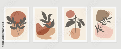 Abstract art nature background vector. Modern shape line art wallpaper. Boho foliage botanical tropical leaves and floral pattern design for home deco, wall art, social media post and story background