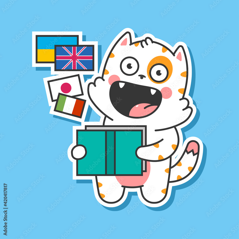 Cute cat learning languages vector cartoon illustration isolated on background. Cute cat learning languages vector cartoon illustration isolated on background.