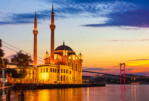 Ortakoy Mosque at sunrise near the Bosphorus bridge, Istanbul, Turkey