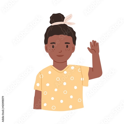 Black-skinned girl greeting smb by hi gesture. Little child waving with hand and saying hello. Portrait of smiling African kid. Colored flat vector illustration isolated on white background