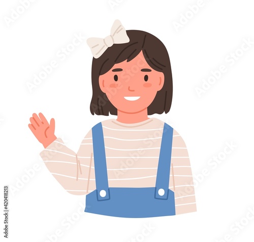 Little smiling girl waving with hand, saying hi or bye. Happy adorable kid with hair bow. Cute child from school or kindergarten. Colored flat vector illustration of schoolgirl isolated on white