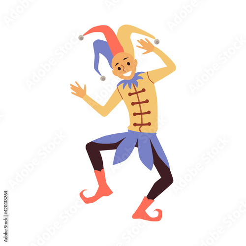 Medieval court jester or clown in clownish costume a vector Illustration