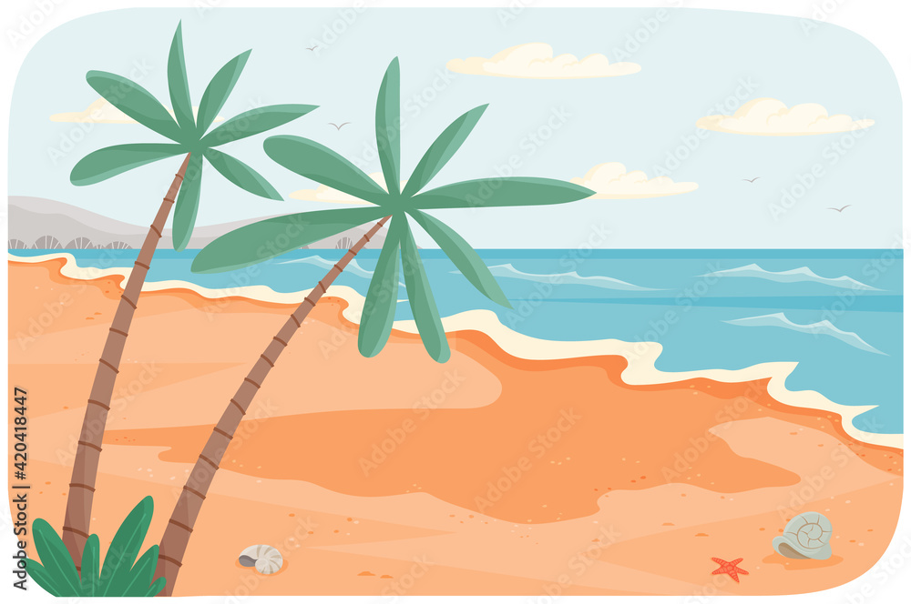 Beach resort by sea vector illustration. Oceanic coastline at high tide. Sandy shore with palm trees
