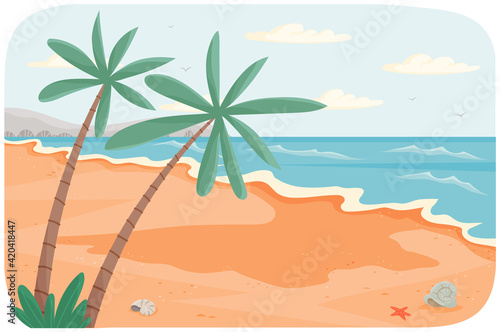 Beach resort by sea vector illustration. Oceanic coastline at high tide. Sandy shore with palm trees