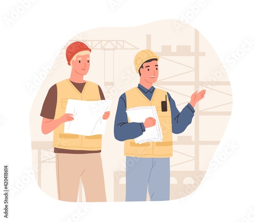 Foreman showing and explaining building process to inspector. Supervisor in hard hat at construction site. Colored flat vector illustration of workers in helmets isolated on white background