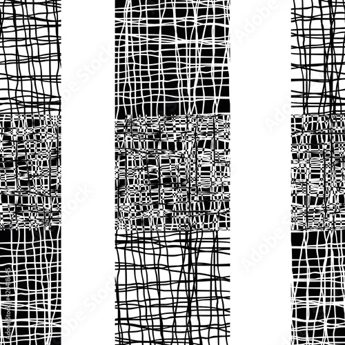 Irregular vector gauze weave effect striped seamless pattern background. Backdrop of alternating black white woven vertical rectangle shapes with spliced edges. Modern abstract Hessian fibre repeat