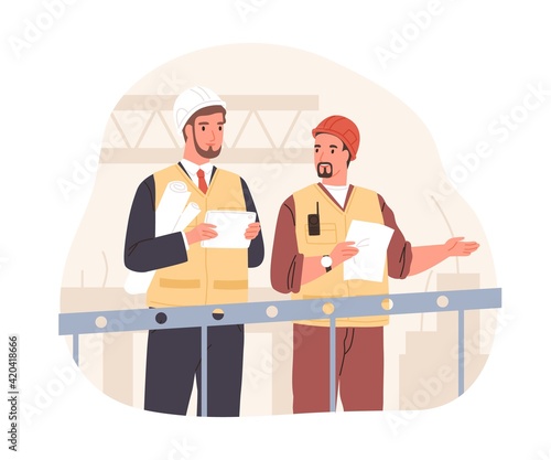 Manager and foreman in helmets standing on crane at construction site. Inspector or supervisor controlling building process. Colored flat vector illustration of workers isolated on white background