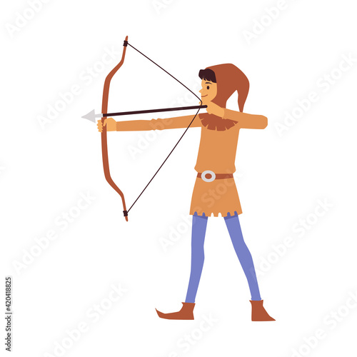 Archer in medieval outfit with arrow and bow a vector isolated illustration