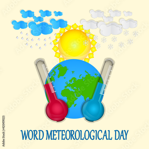 World meteorological day. Greeting card with earth planet, sun, clouds, rain, snow, thermometers and text on yellow background. Meteorology science. For banner or poster with text. Vector illustration