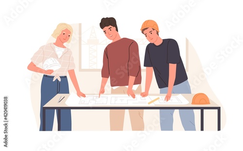 Construction engineer showing apartment layouts for builders. People working with building project isolated on white background. Colored flat vector illustration of colleagues discussing drawing