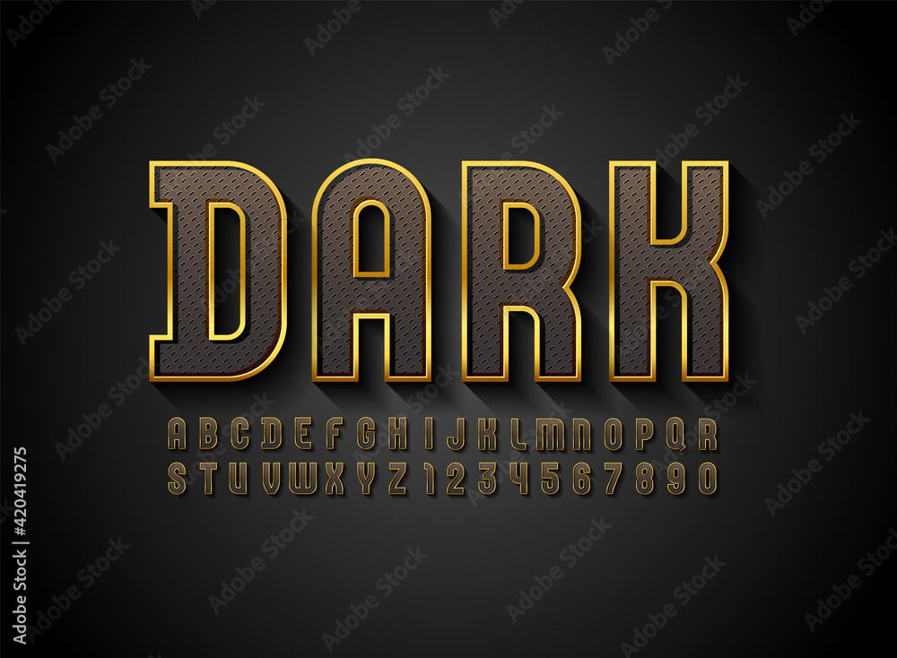 3d font with golden streak, trendy condensed alphabet sans serif, modern metallic letters and numbers with carbon fiber texture, vector illustration 10eps.