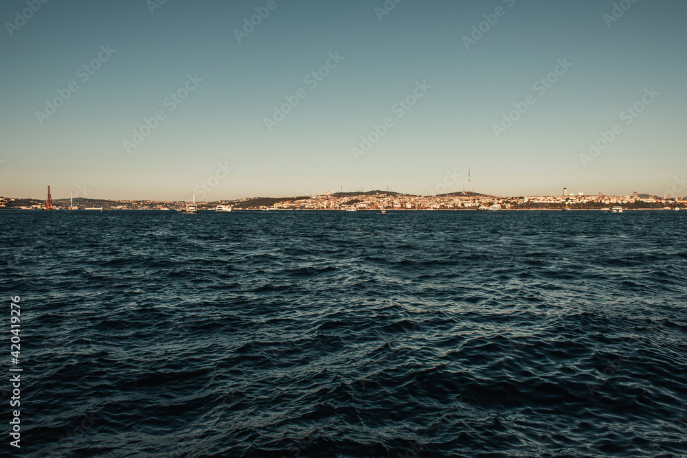 view of Istanbul from wavy sea