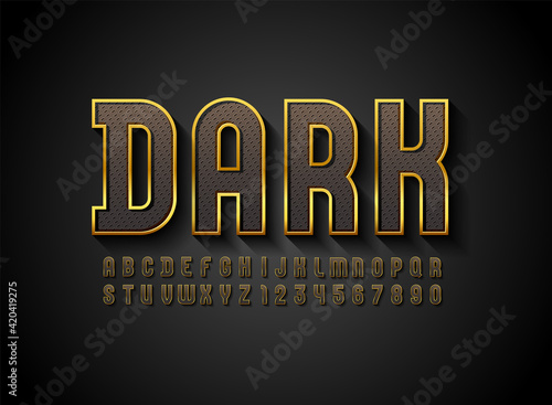 3d font with golden streak, trendy condensed alphabet sans serif, modern metallic letters and numbers with carbon fiber texture, vector illustration 10eps.