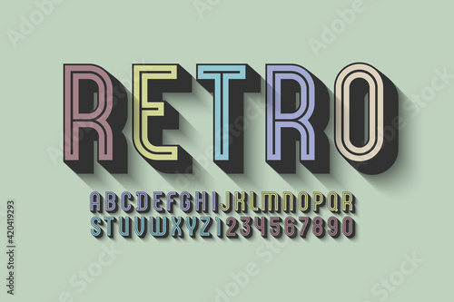 3D Font from multicolored, trendy alphabet, retro condensed letters and numbers, vector illustration 10eps