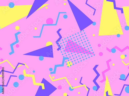 Memphis seamless pattern. Geometric elements memphis in the style of 80's. Trendy retro background for printing on paper, advertising materials and fabric. Vector illustration