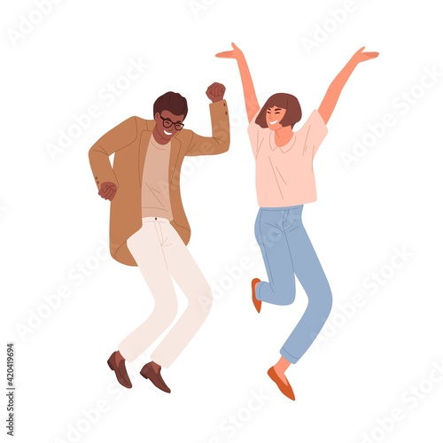 Happy people dancing and jumping, celebrating victory and success. Multiracial couple of colleagues having fun. Colored flat vector illustration of crazy office workers isolated on white background