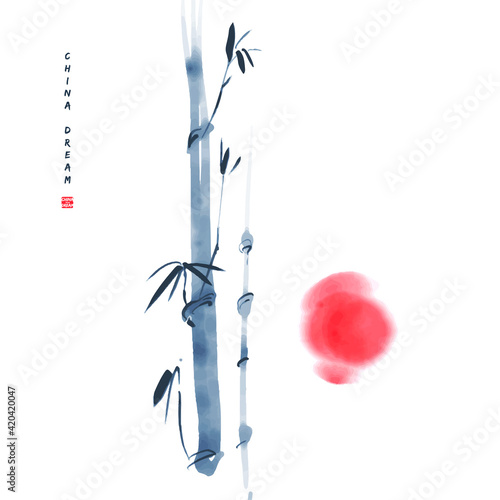 Chinese ink painted background with bamboo and sun. China dream