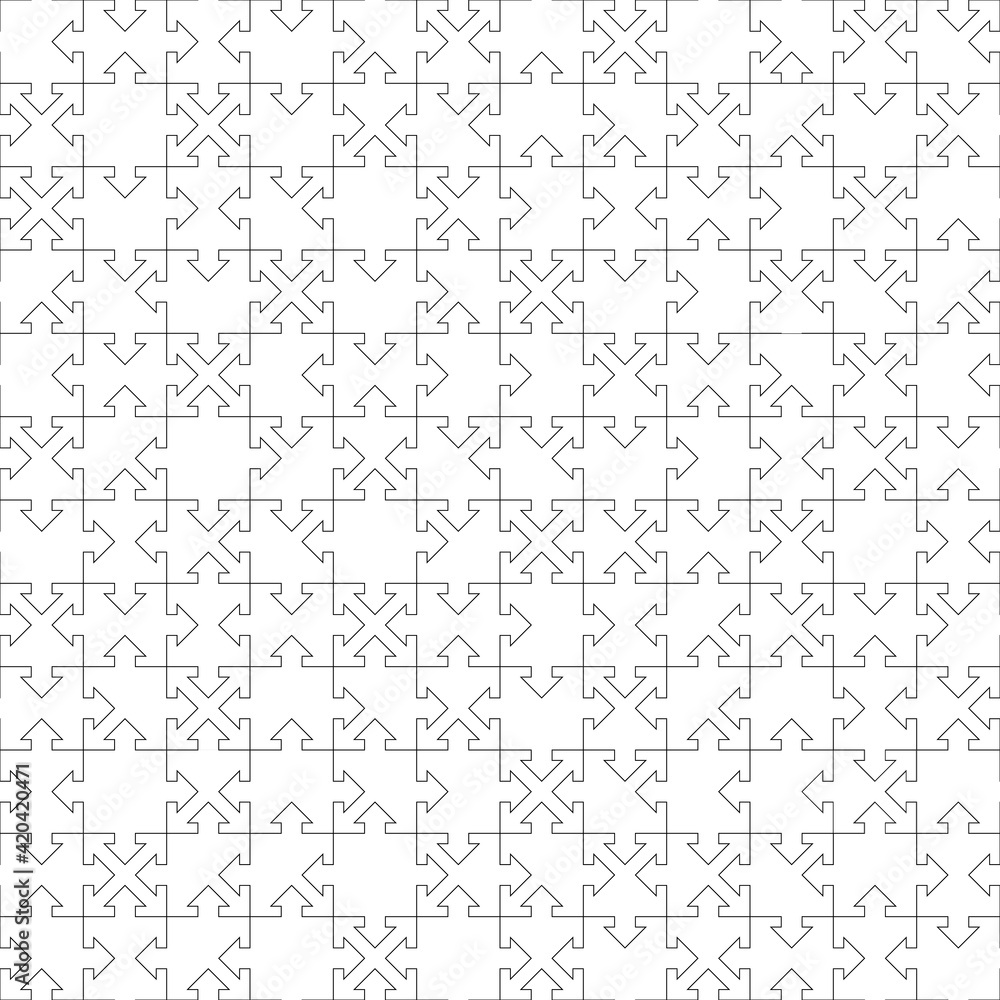 jigsaw puzzle template. arrow and square shapes. vector seamless pattern. every piece is a single shape. metaphor of union, network, solution, connection. simple black and white repetitive background