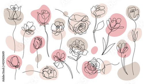 Vector set of hand drawn, single continuous line flowers with pastel color spots. Art floral elements. Use for t-shirt prints, logos, cosmetics and beauty design