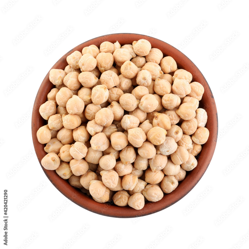 Chickpeas in bowl on white background, top view. Natural food Chickpeas in bowl on white background, top view. Natural food