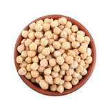 Chickpeas in bowl on white background, top view. Natural food