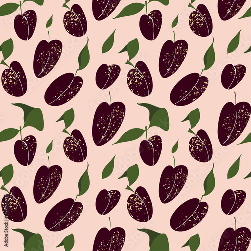 Seamless pattern with plums - seasonal fruits, leaves. Summer food. For print, packing, wallpaper, menu cover.
