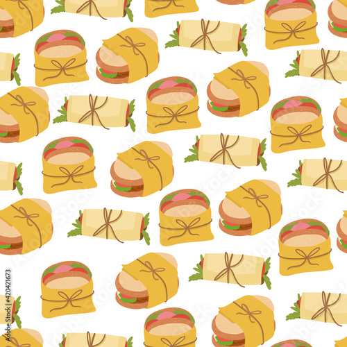 Seamless pattern of sandwiches.Vector hand drawn illustration in flat style on white background.