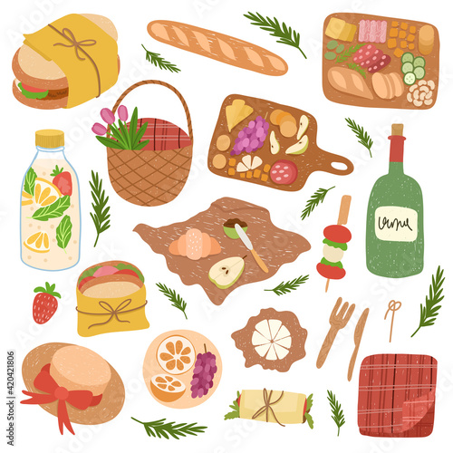 Set of picnic food and drinks