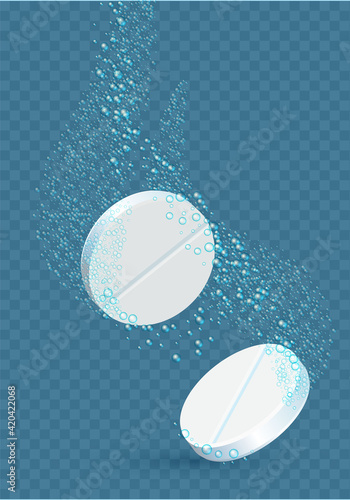 Soluble drug. Tablet with transparent bubbles. Medicine and healthcare design