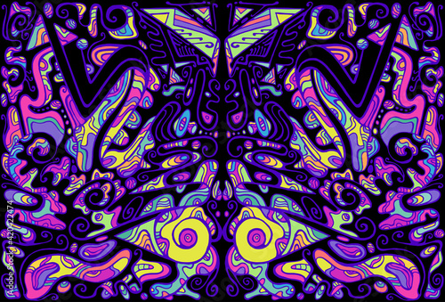 Psychedelic colorful surreal doodle pattern. Tribal fantastic abstract mirror tecture.